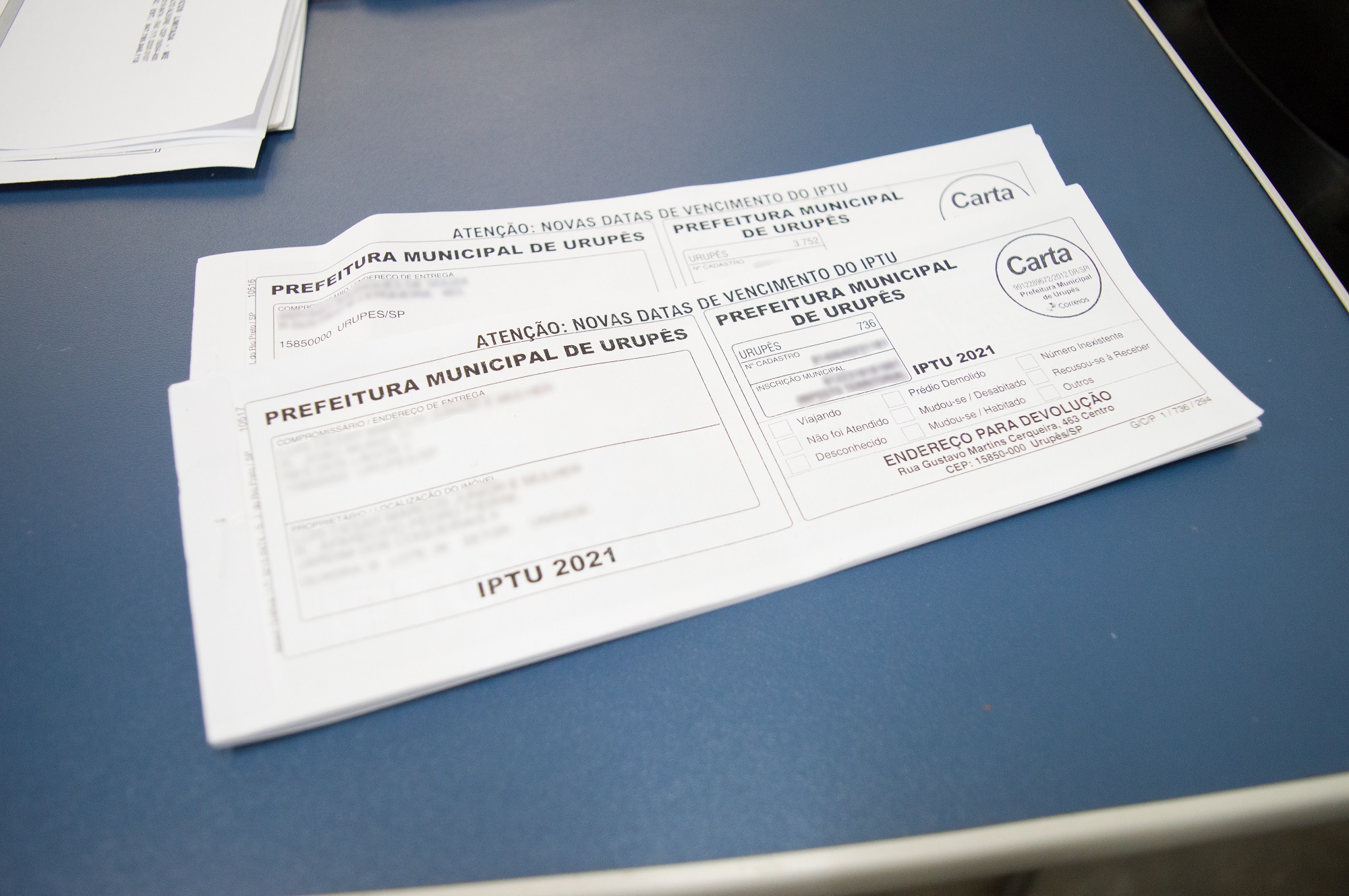 Carnês de IPTU 2021 podem ser pagos na prefeitura, correspondentes bancários e lotéricas. Foto: Thomas Volpato Moutropoulos / Prefeitura Municipal de Urupês.